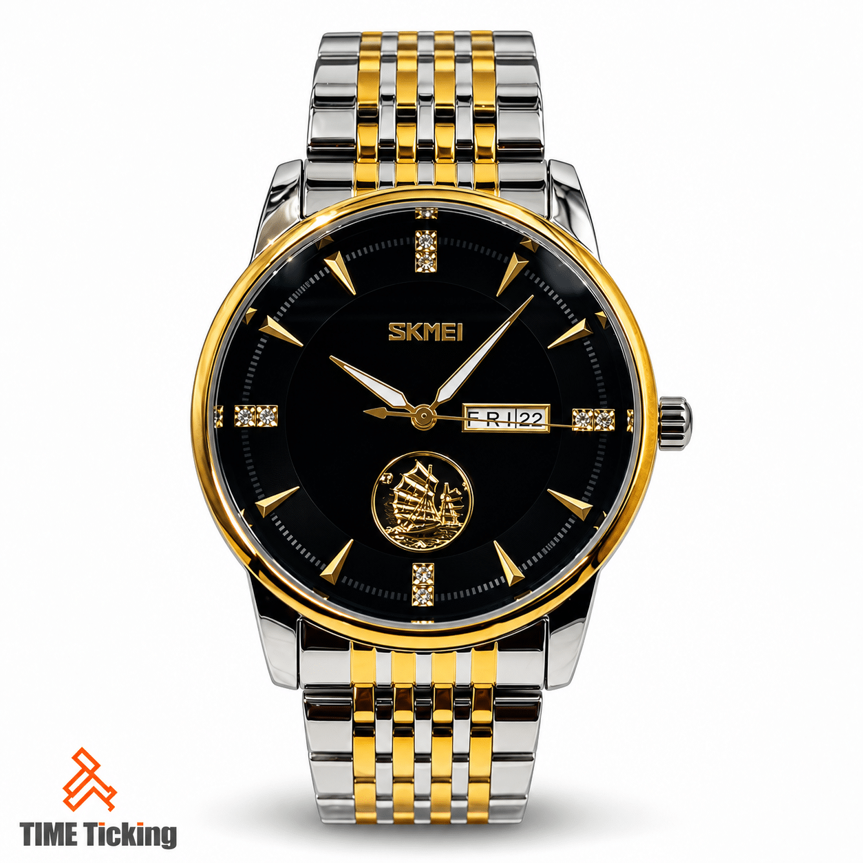 SKMEI 9309 men's two-tone silver and gold stainless steel watch with black dial, gold-tone bezel and hands, crystal-style hour markers, and day-date display.