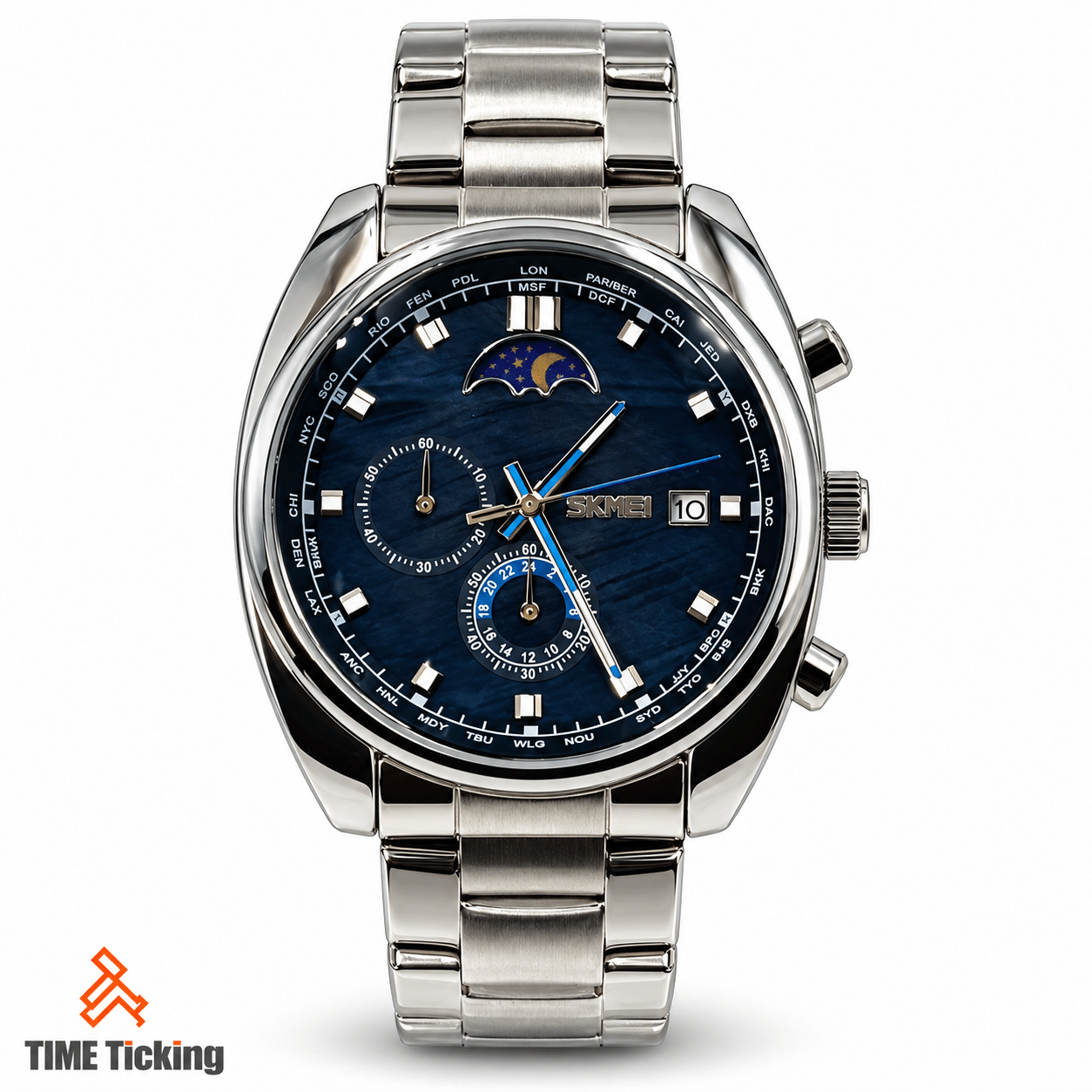 SKMEI 9325 men's silver-tone wristwatch with dark blue textured dial, blue-accented hands, moon-phase-style display, date window, and stainless steel bracelet.