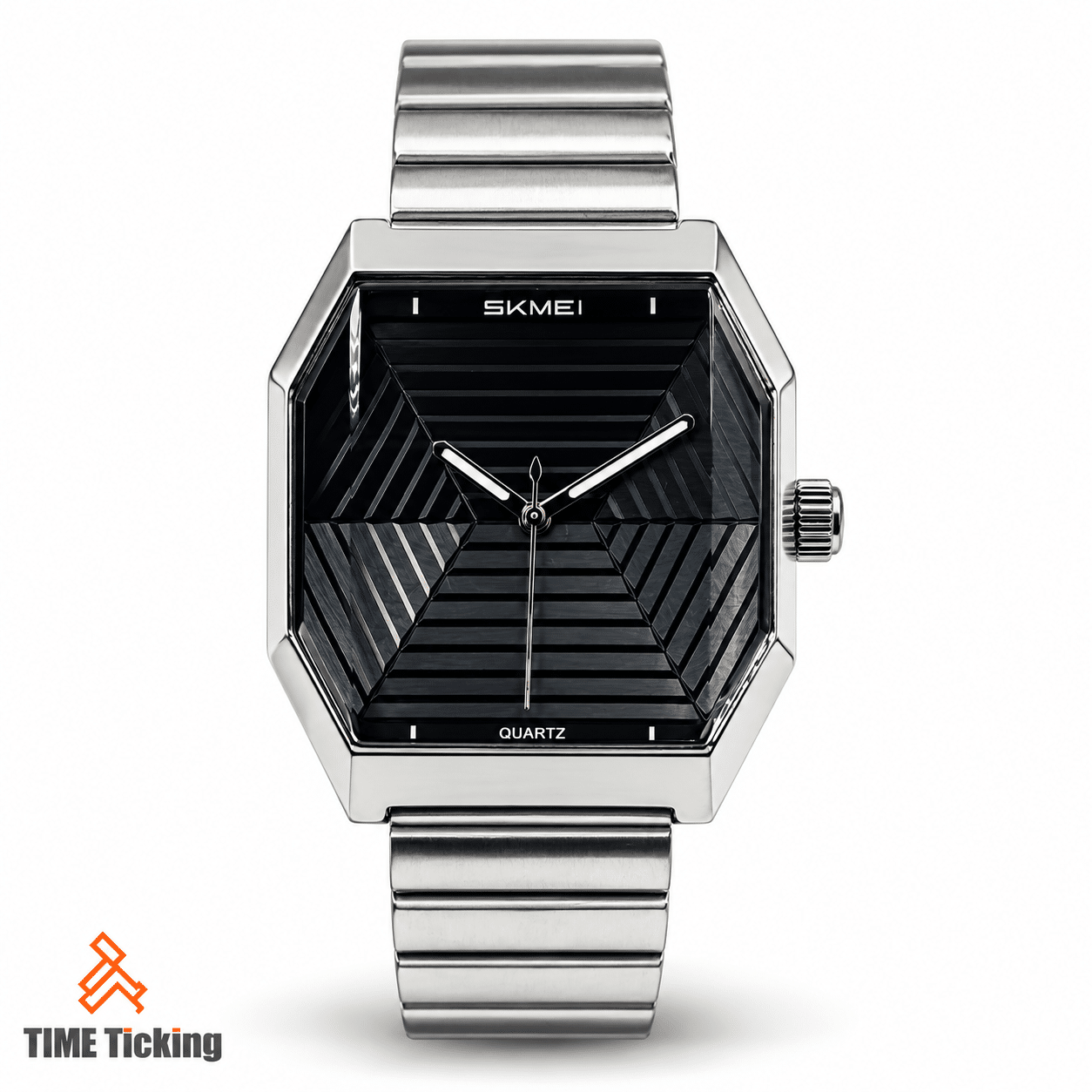 SKMEI 9393 men's silver-tone watch with black geometric dial, angular octagonal case, minimalist hands, and stainless steel bracelet.