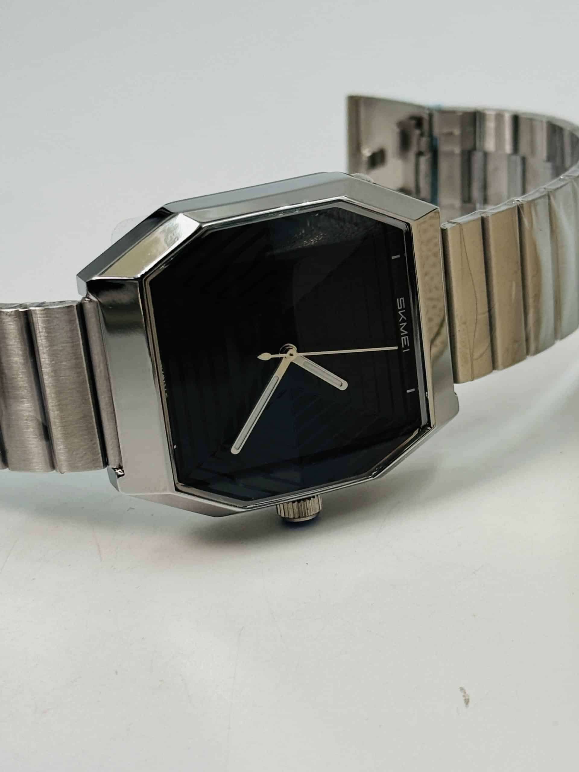 SKMEI 9393 Silver Stainless Steel Watch with Black Geometric Dial - Image 5