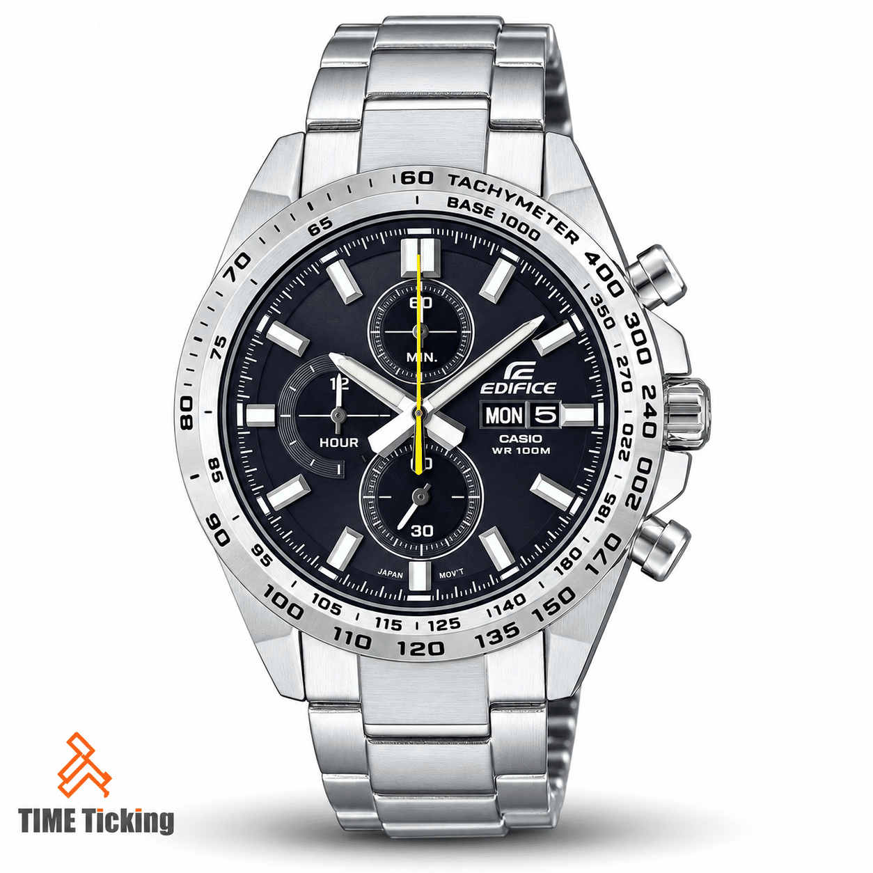 CASIO EDIFICE EFR-574D-1AVUDF men's stainless steel chronograph watch featuring an analog dial, tachymeter bezel, three sub-dials, day and date display, and solid stainless steel bracelet.